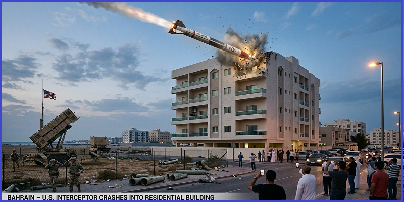 An U.S. Patriot Air Defense system deployed in Bahrain can be clearly seen crashing directly into the building